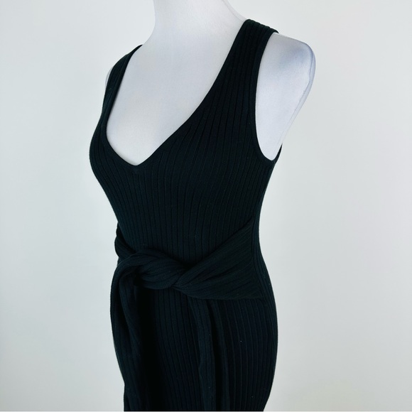 Good American Black Bodycon Ribbed Knit Tie Waist Midi Dress Size 1 Small - Picture 7 of 11